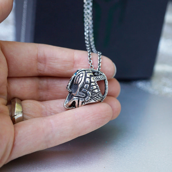 Mens unique statement pendant made from high quality solid oxidized sterling silver and natural London blue Topaz gemstone. This unique handmade pendant called Helmet. The form of the necklace is helmet of warrior. Custom high quality cyberpunk jewelry by moonique. 