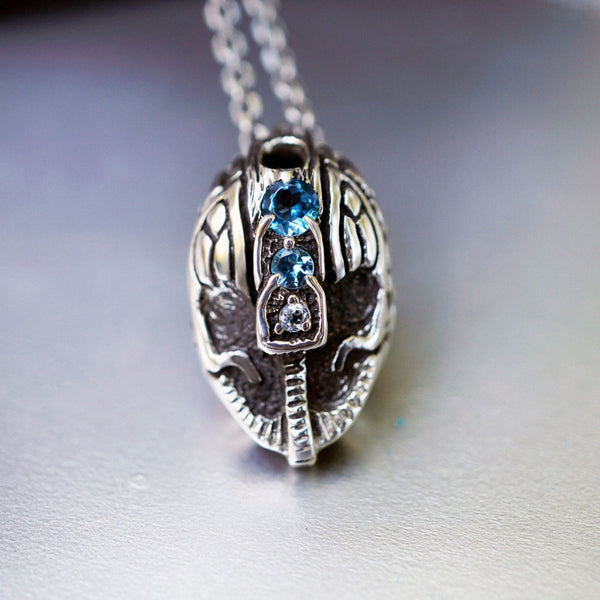 Mens unique statement pendant made from high quality solid oxidized sterling silver and natural London blue Topaz gemstone. This unique handmade pendant called Helmet. The form of the necklace is helmet of warrior. Custom high quality cyberpunk jewelry by moonique. 