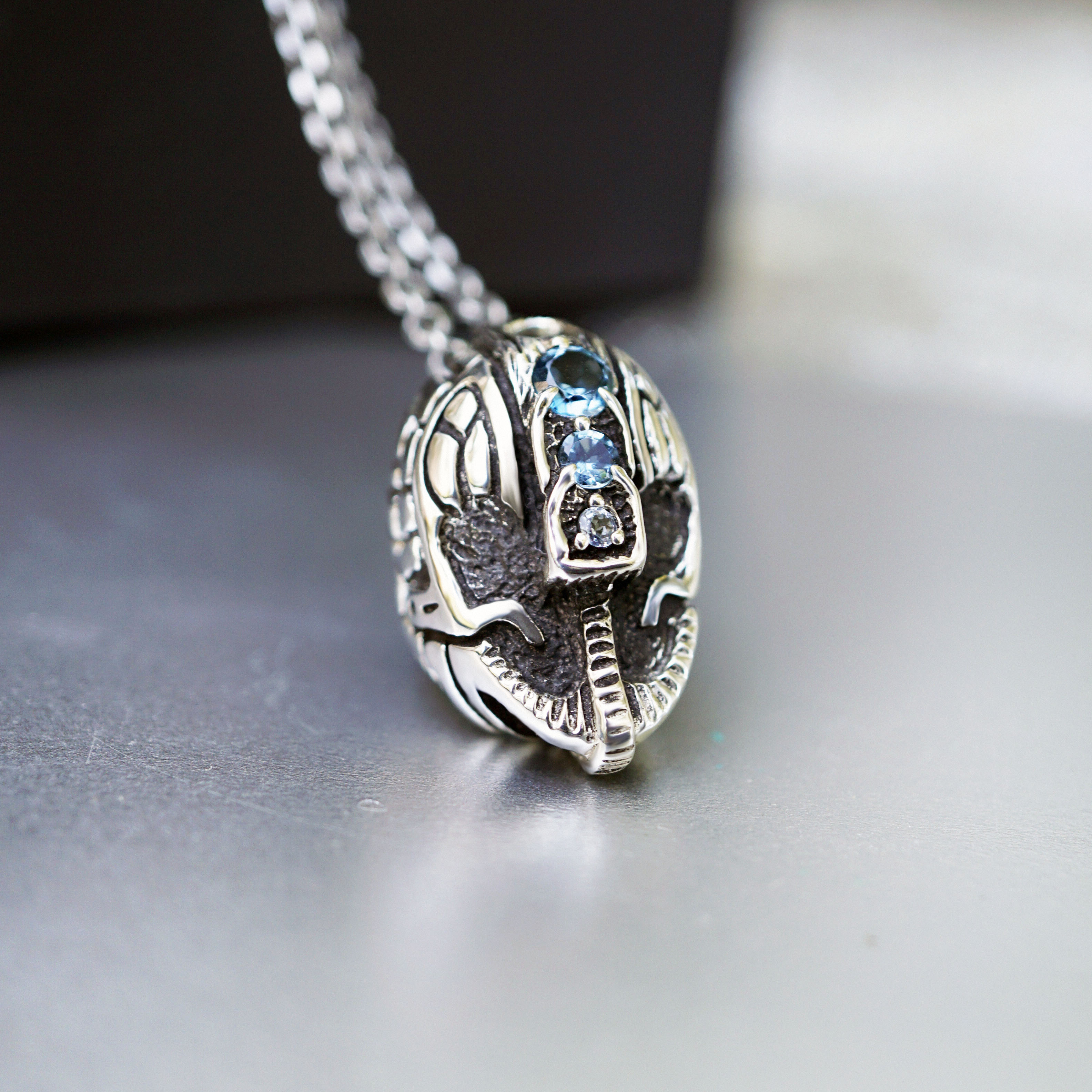 Mens unique statement pendant made from high quality solid oxidized sterling silver and natural London blue Topaz gemstone. This unique handmade pendant called Helmet. The form of the necklace is helmet of warrior. Custom high quality cyberpunk jewelry by moonique. 