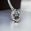 Mens unique statement pendant made from high quality solid oxidized sterling silver and natural London blue Topaz gemstone. This unique handmade pendant called Helmet. The form of the necklace is helmet of warrior. Custom high quality cyberpunk jewelry by moonique. 