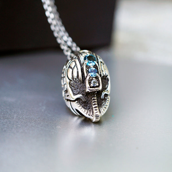Mens unique statement pendant made from high quality solid oxidized sterling silver and natural London blue Topaz gemstone. This unique handmade pendant called Helmet. The form of the necklace is helmet of warrior. Custom high quality cyberpunk jewelry by moonique. 